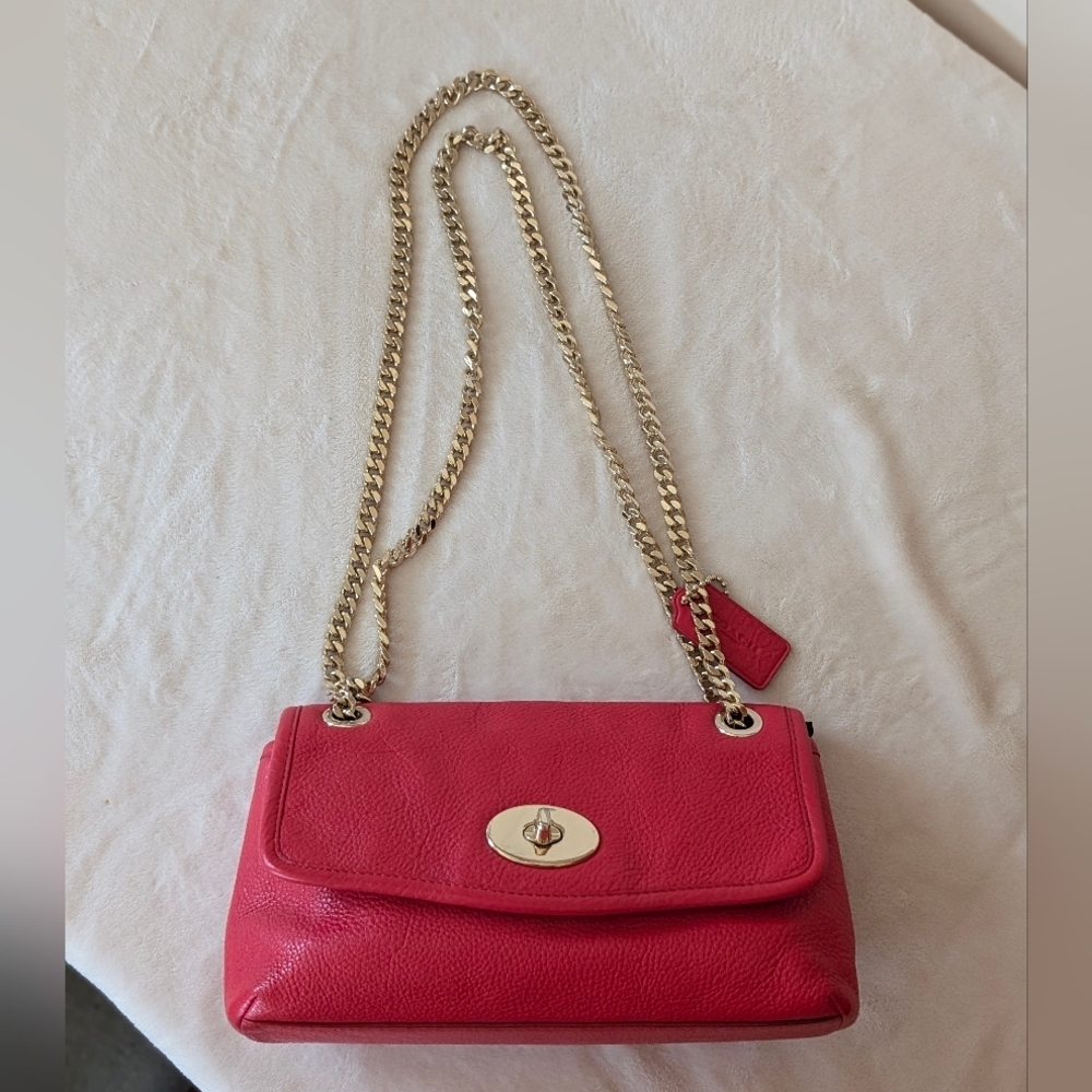 Coach Madison Pebbled Leather Gold Tone Chain Strap Crossbody Purse Cardinal Red - Picture 15 of 15